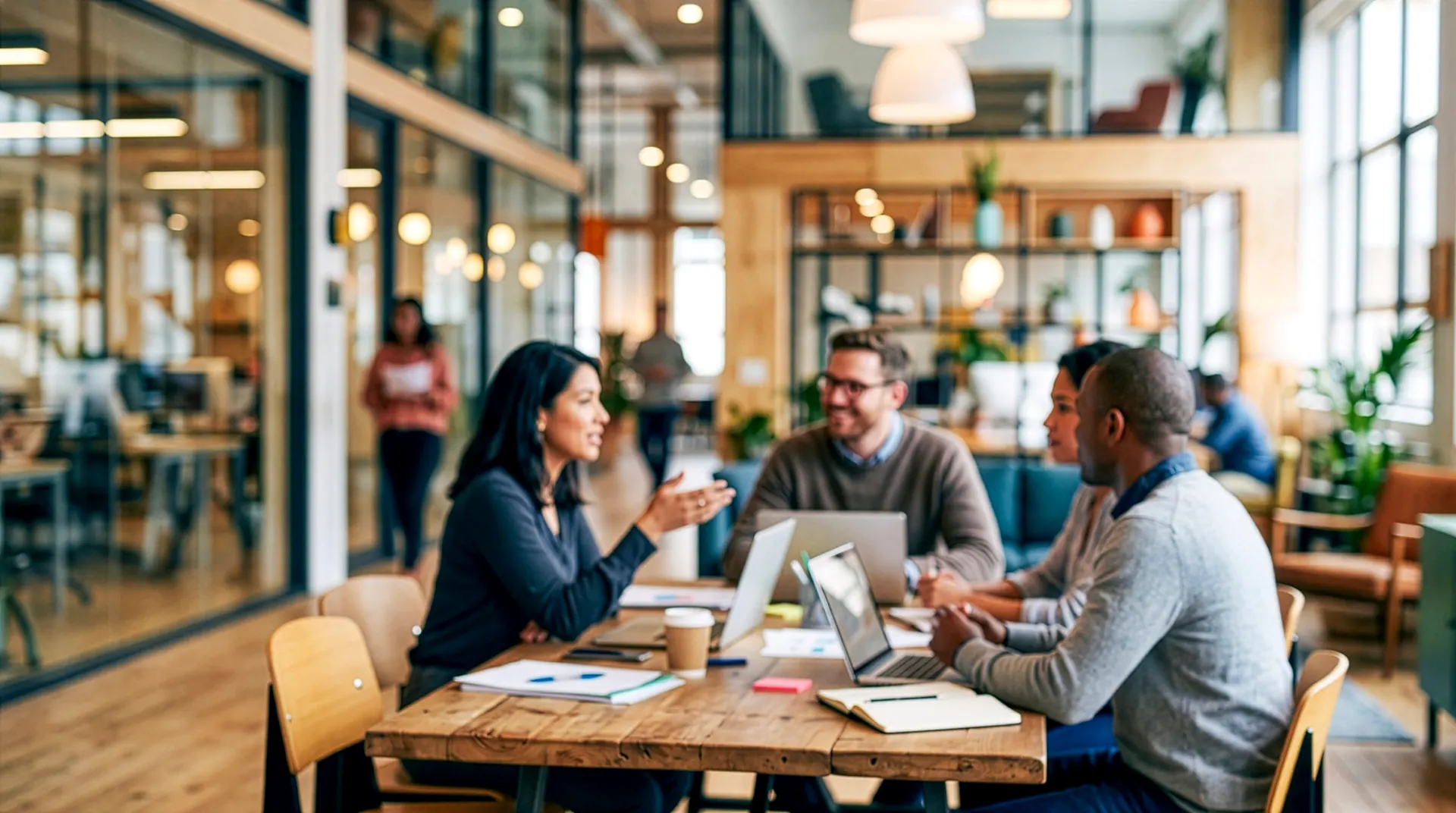 Equipe reunida em escritório de tecnologia, conversando com notebooks na mesa